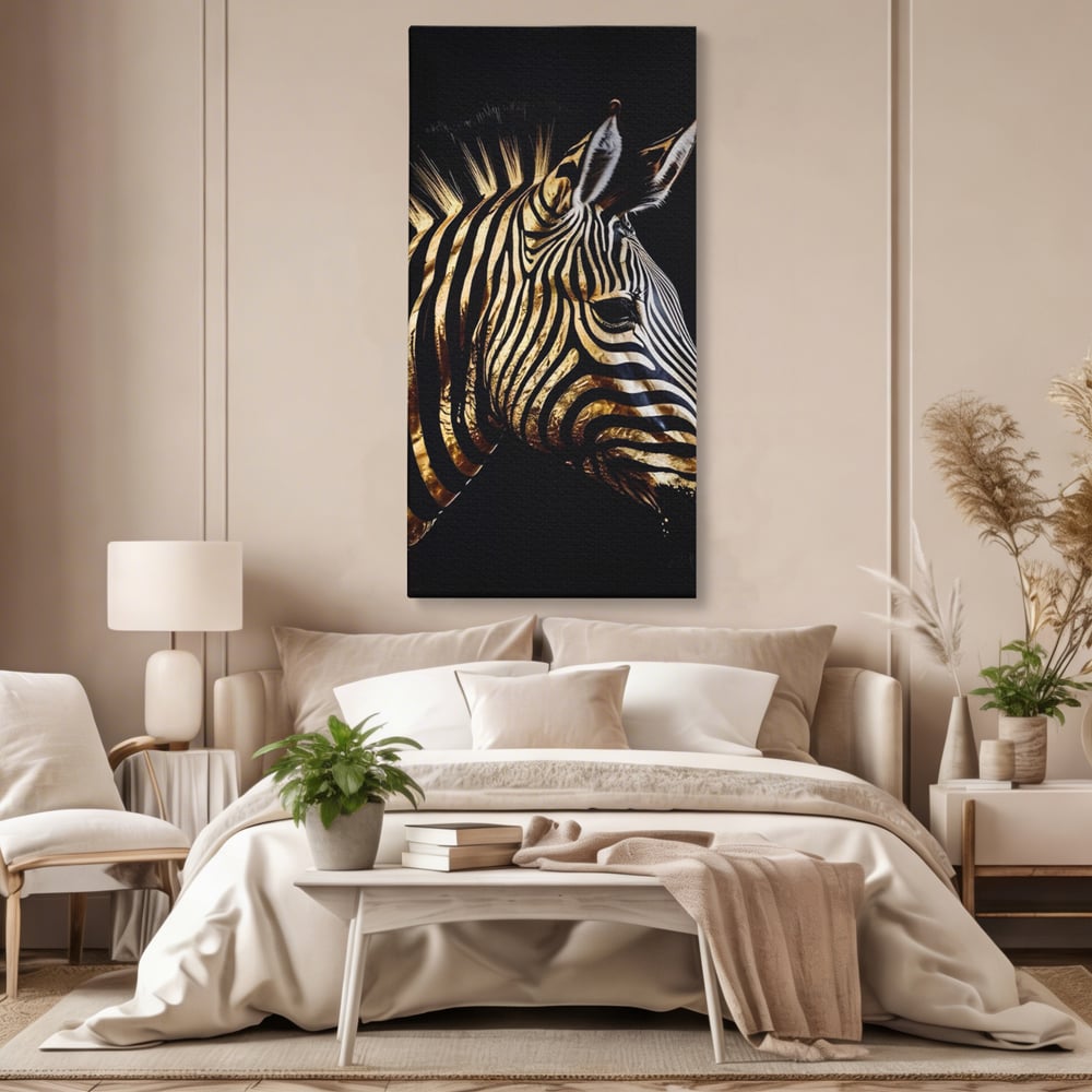 Tablou canvas cu tablou canvas cu cap de zebra aurie, fara rama, pe sasiu de lemn, pe perete intr-un dormitor